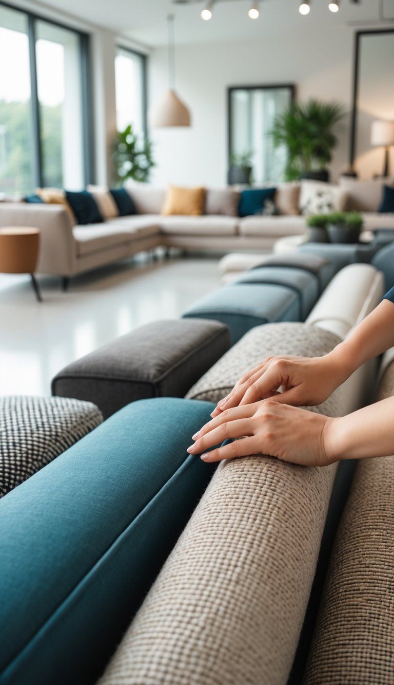 Close-up of hands feeling different sofa fabrics in a bright living room showroom with various sofas displayed.