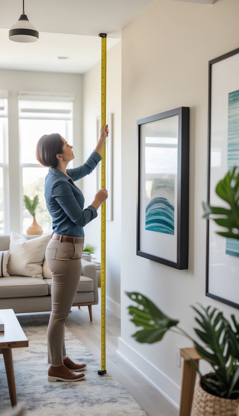 Person measuring wall space in a living room while holding a framed artwork, preparing to hang it above a sofa.