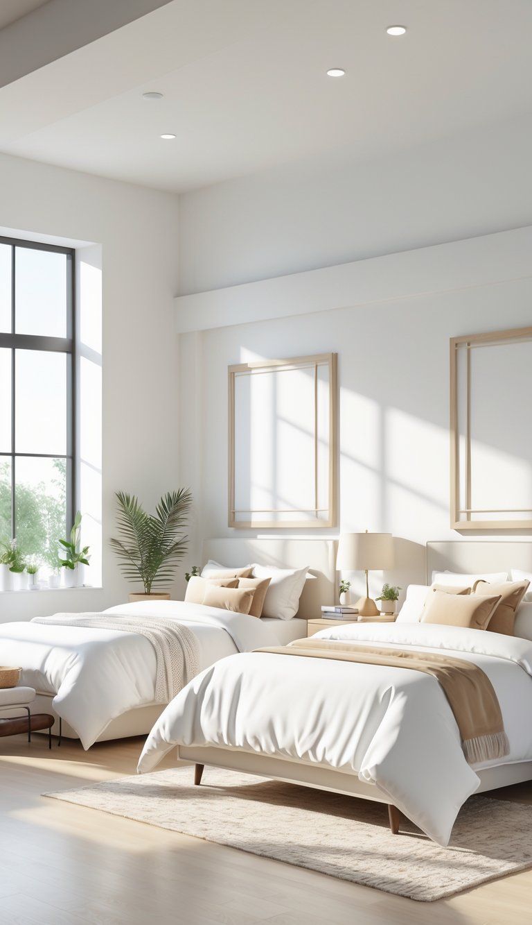 A modern bedroom displaying several beds of different sizes arranged in a bright room with natural light and simple decor.