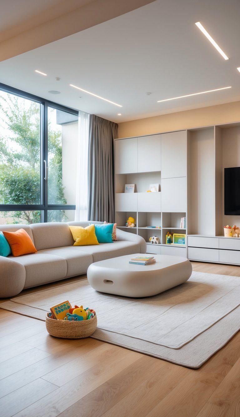A bright living room with neutral furniture, subtle children's items, and natural light creating a welcoming family space.