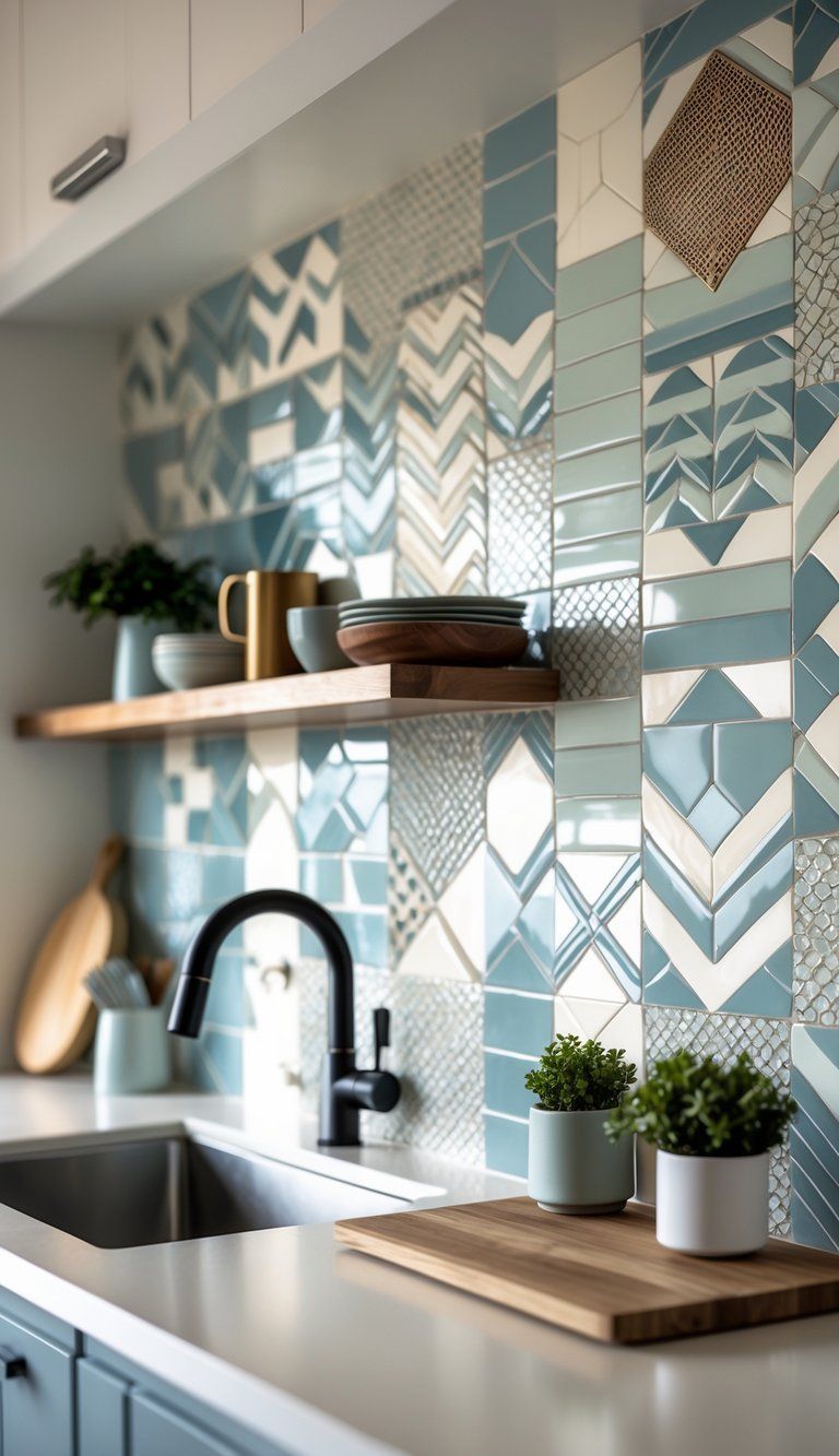 A modern kitchen with a variety of geometric tile patterns on the backsplash, a clean countertop with a plant and cutting board, and natural light illuminating the space.