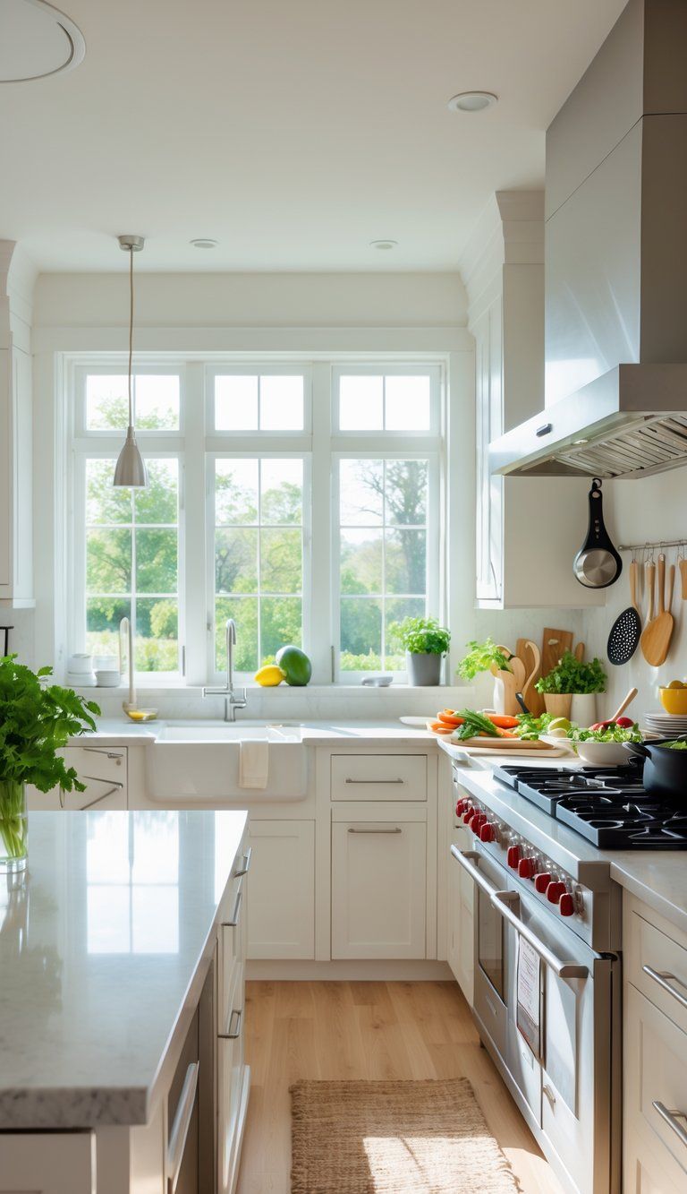 A modern kitchen with a spacious island, stove, stainless steel appliances, and fresh ingredients arranged for cooking.