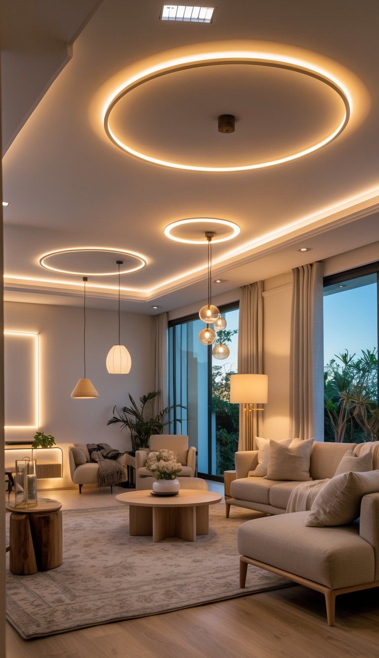 A modern living room with warm, balanced lighting showing both well-lit areas and a dim corner to illustrate good and bad lighting.