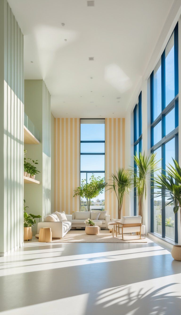 A bright living room with low ceilings featuring light-colored walls, vertical stripes, tall plants, and large windows that create a sense of height and spaciousness.