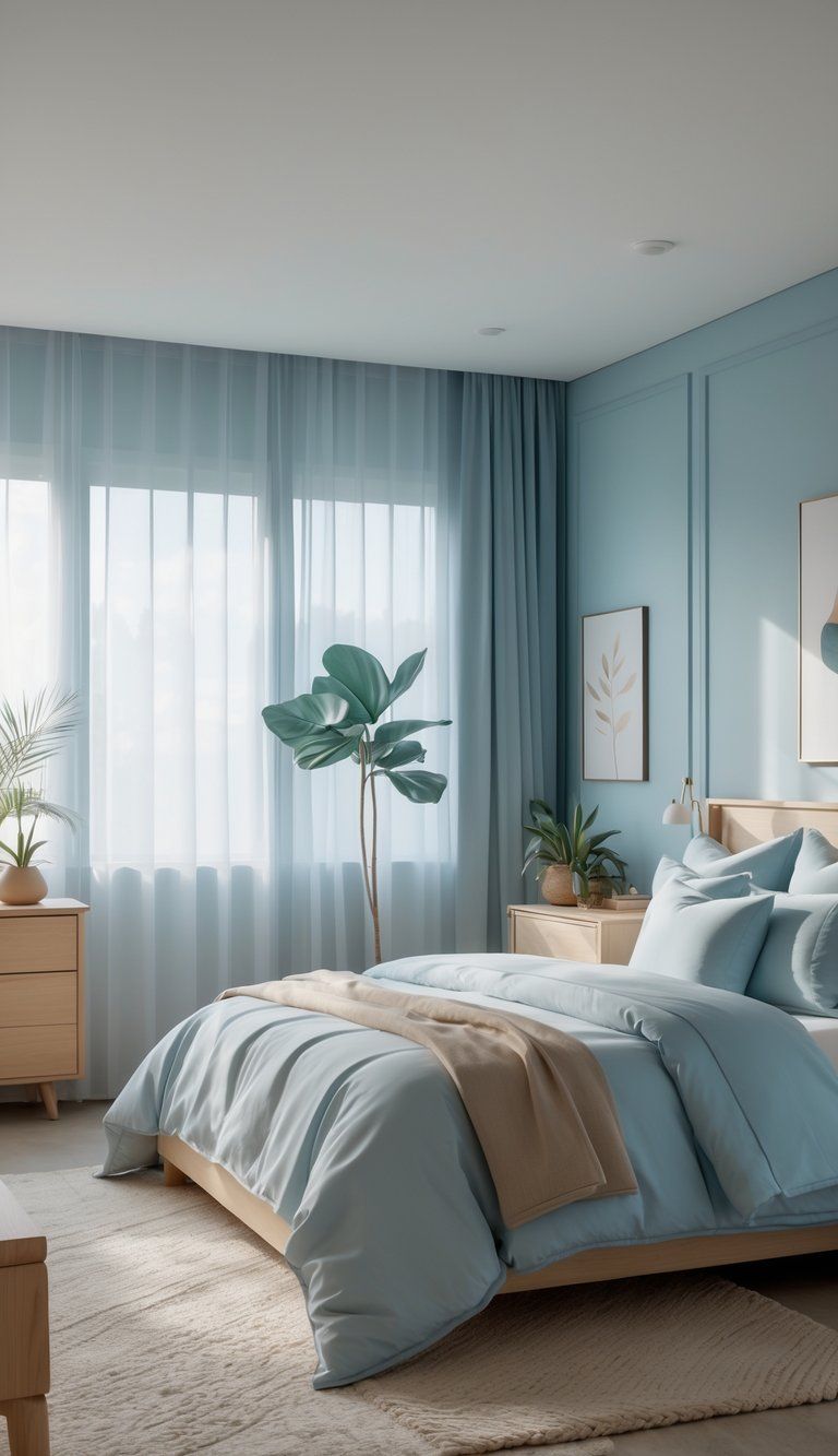 A peaceful master bedroom with a neatly made bed, soft blue and neutral colors, natural light, plants, and wooden furniture.