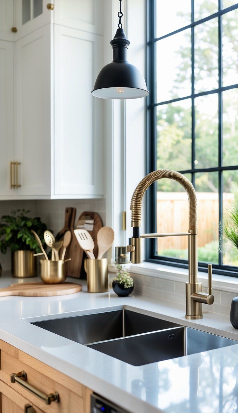 A modern kitchen with a stainless steel sink and faucet, brass cabinet handles, and black light fixtures, showing different metal finishes combined.