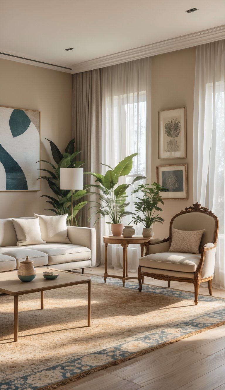 A well-lit living room with a sofa, armchair, paintings on the walls, plants, and decorative items arranged in a cozy setting.