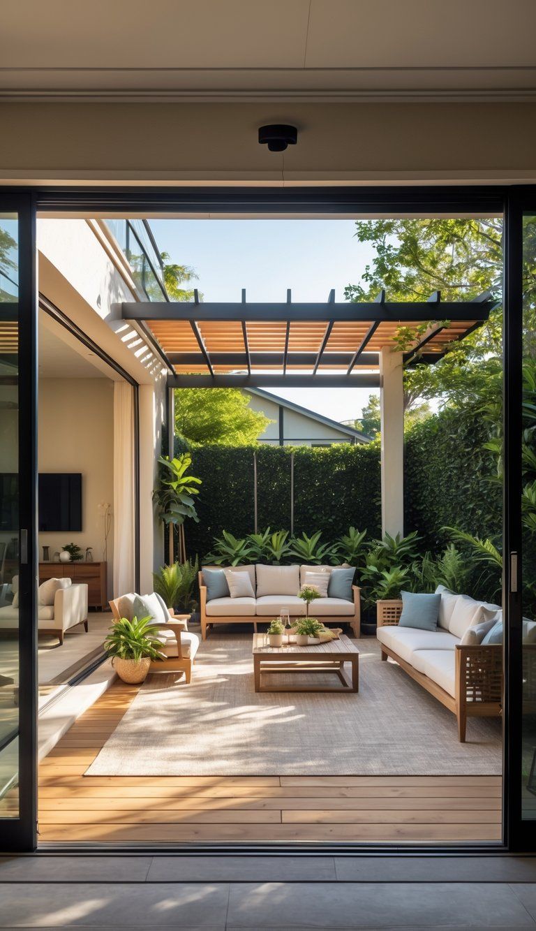 A modern living room opens through sliding glass doors to an outdoor patio with comfortable seating and plants, creating a seamless indoor-outdoor living space.