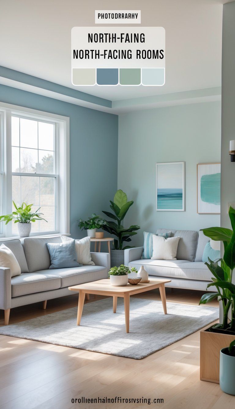 A well-lit living room with large windows and walls painted in soft blue, gray, and green shades, featuring a gray sofa, wooden coffee table, and green plants.