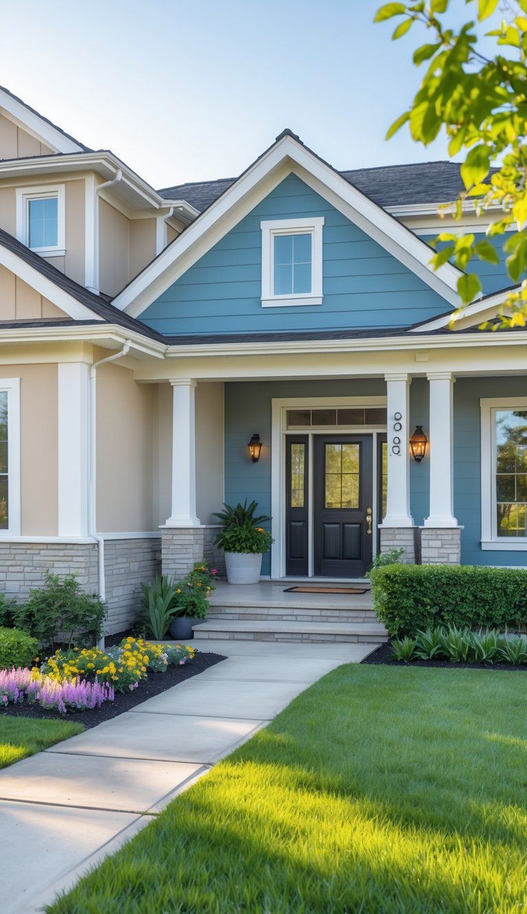 A suburban house with freshly painted walls in complementary colors, a well-kept front yard, and a clean walkway leading to the front door.