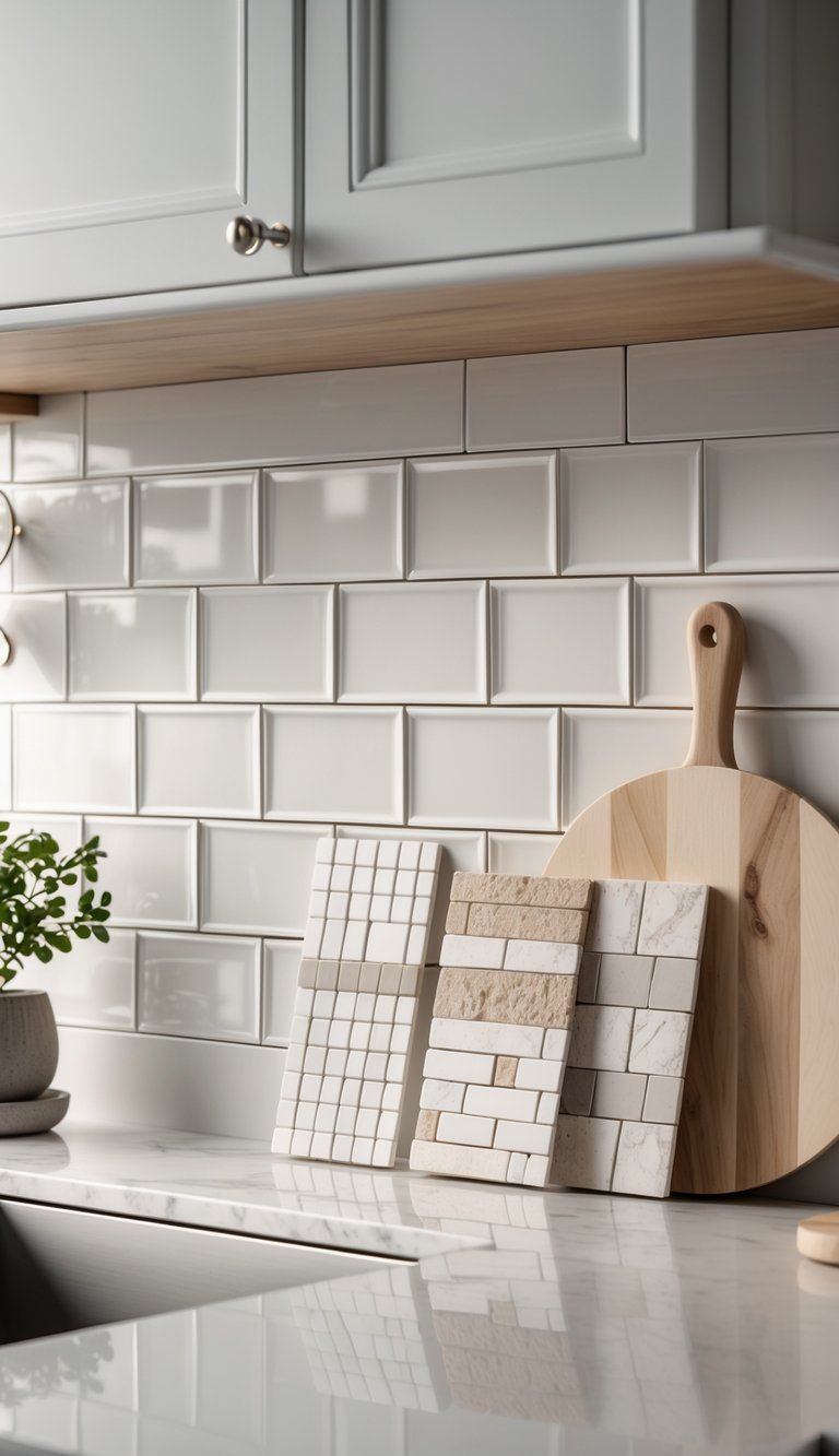 A modern kitchen countertop with white subway tile backsplash, natural stone and ceramic tile samples, and kitchen accessories on a marble surface.
