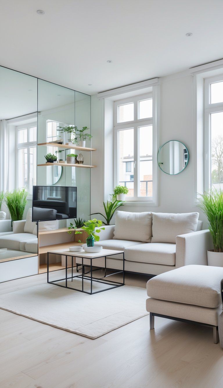 A small living room with compact furniture, large windows, mirrors, and plants arranged to maximize space and light.