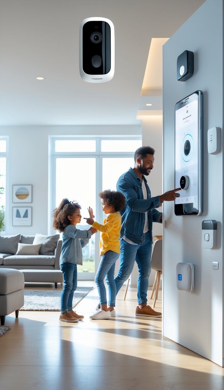 A family in a modern living room using smart home security devices including a security camera, smart lock, and touchscreen control panel.