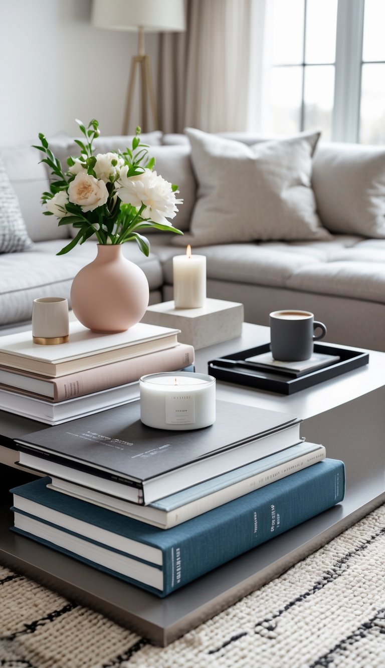 A coffee table styled with a selection of large books, a vase with flowers, a candle, and a coffee cup in a bright living room.