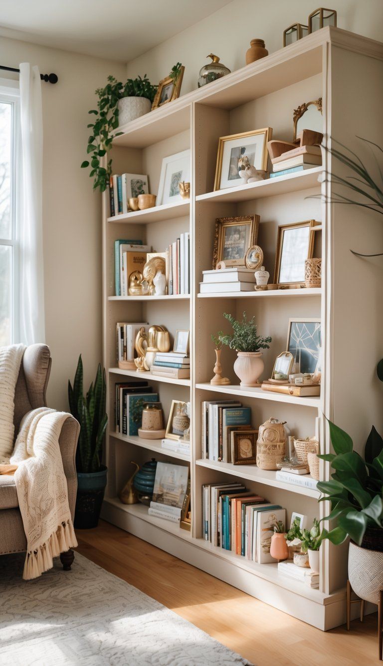 A cozy living room corner with a bookshelf filled with books and decorative personal items, a comfortable armchair, and natural light coming through a window.