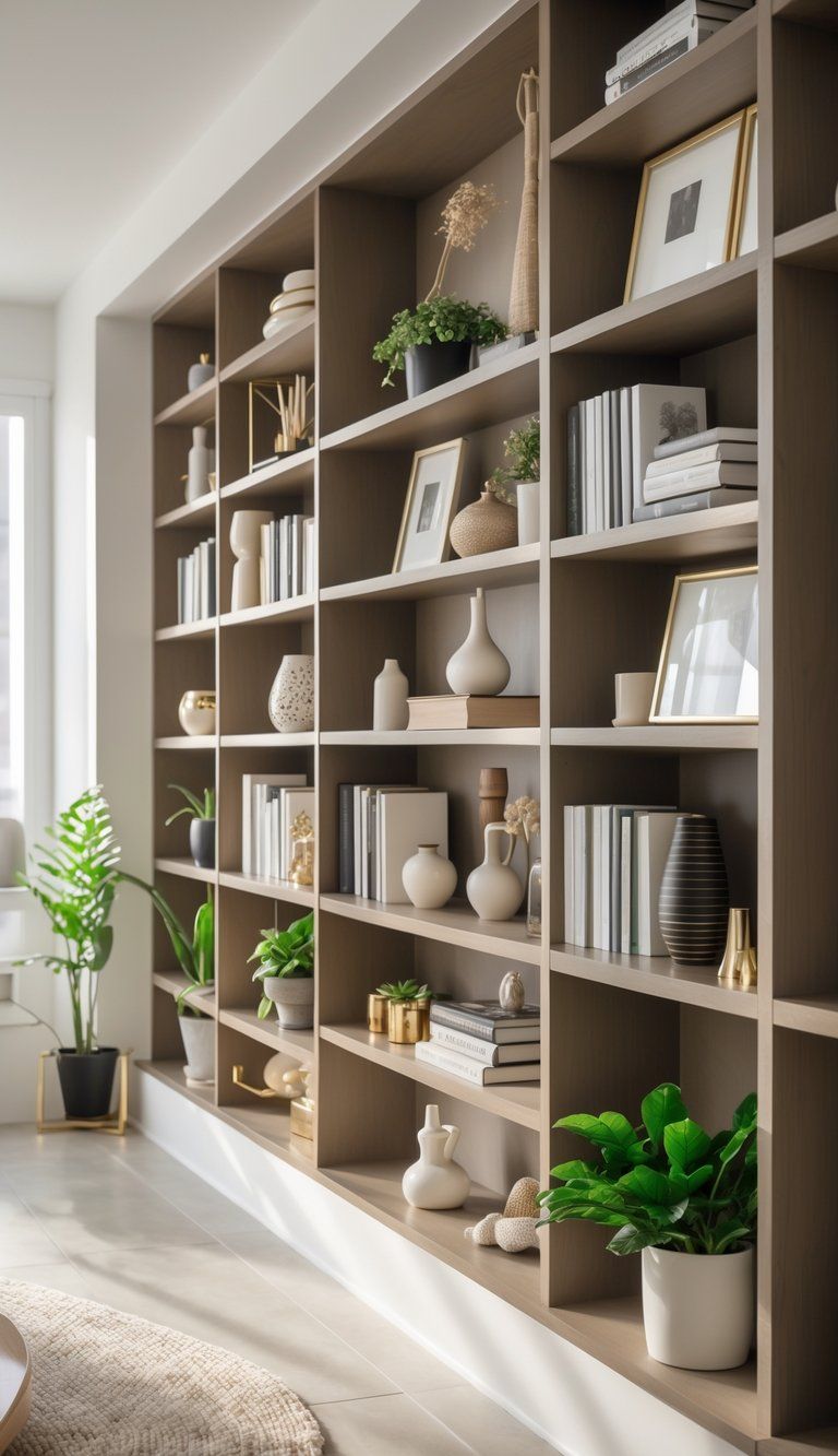 A neatly styled shelf filled with books, decorative objects, and plants in a modern living room.