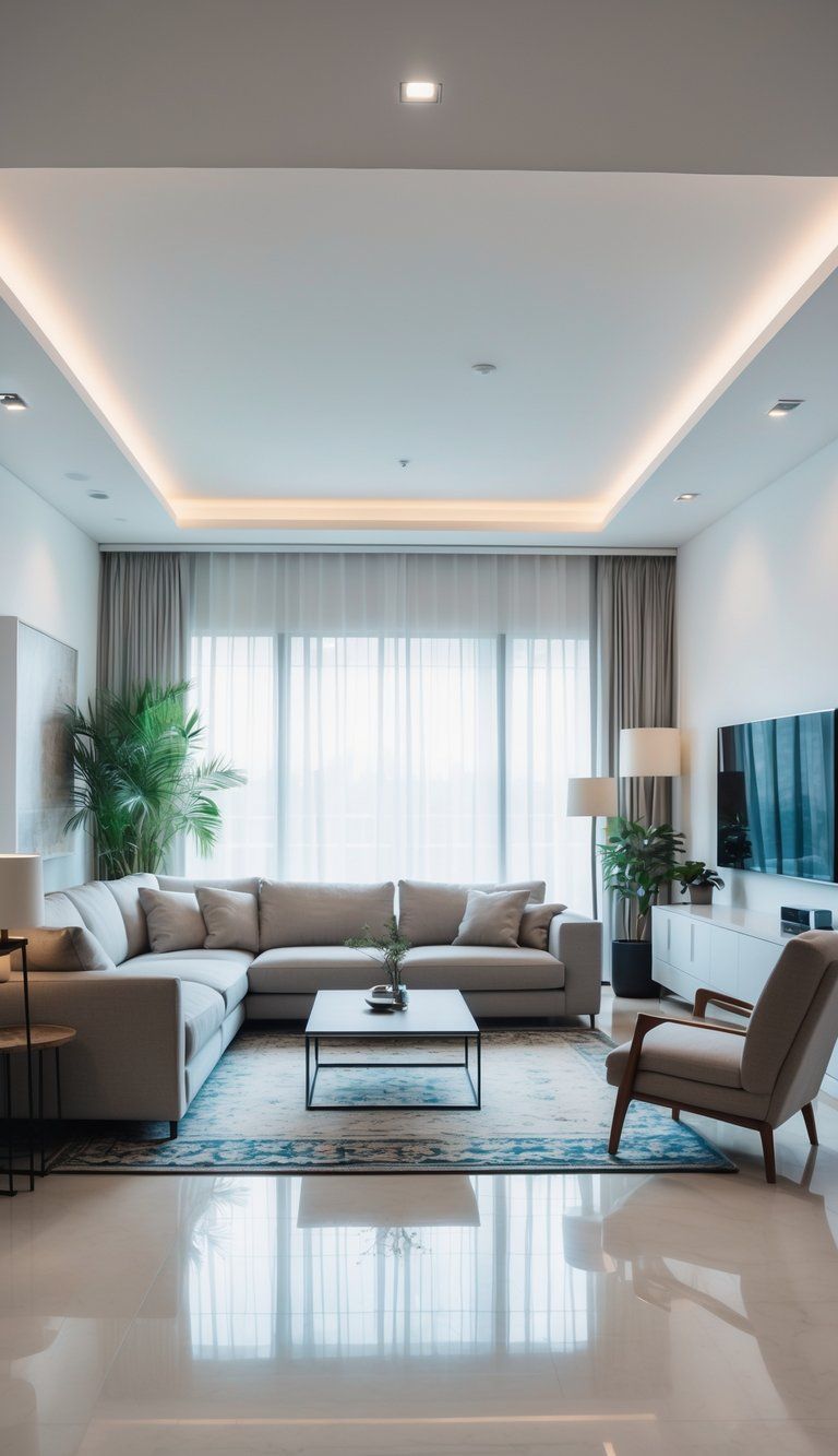 A bright living room with a sofa, armchair, coffee table, and a media console with a TV, arranged to create a comfortable seating area.