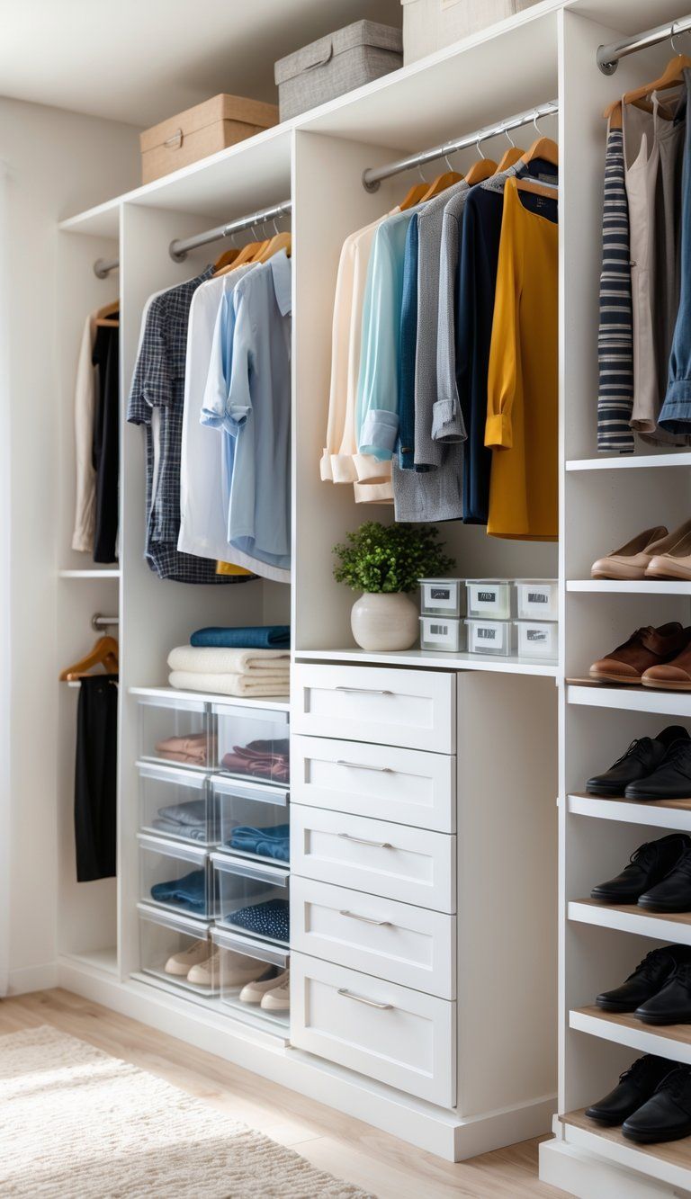 A neatly organized closet with shelves, hanging clothes, storage bins, drawers, and shoe racks in a bright and tidy space.