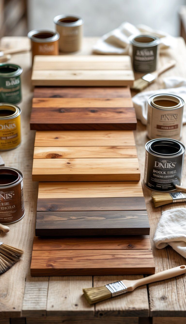 Wooden sample boards with different stain colors, brushes, stain cans, and cloths arranged on a wooden table.