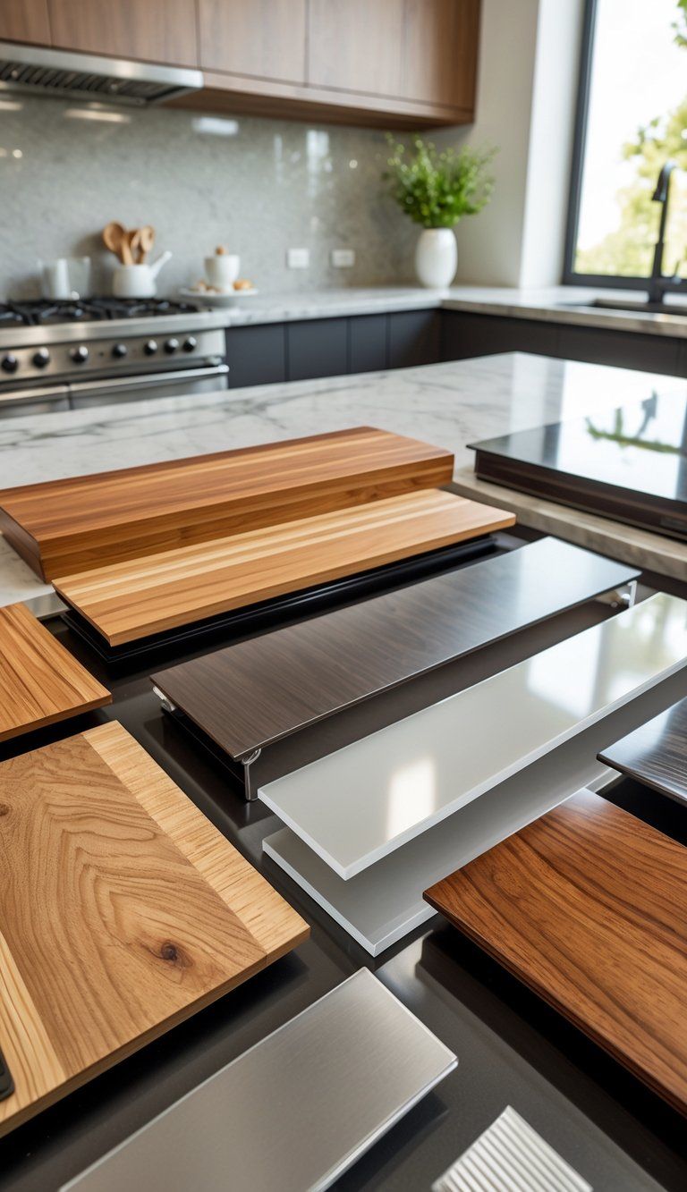 A display of different kitchen cabinet material samples arranged on a kitchen countertop with appliances and plants in the background.