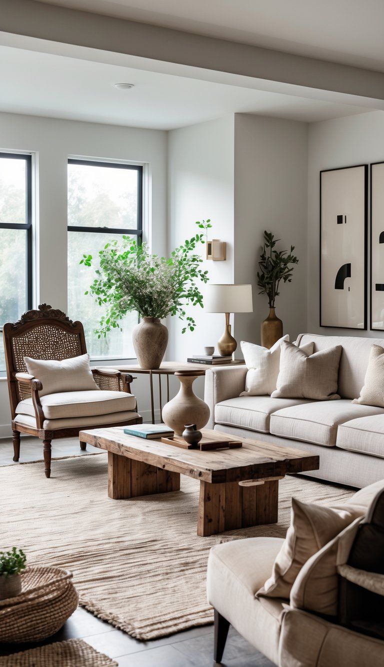 A living room with a mix of old wooden armchair and modern sofa, wooden and glass tables, decorative items, and natural light.