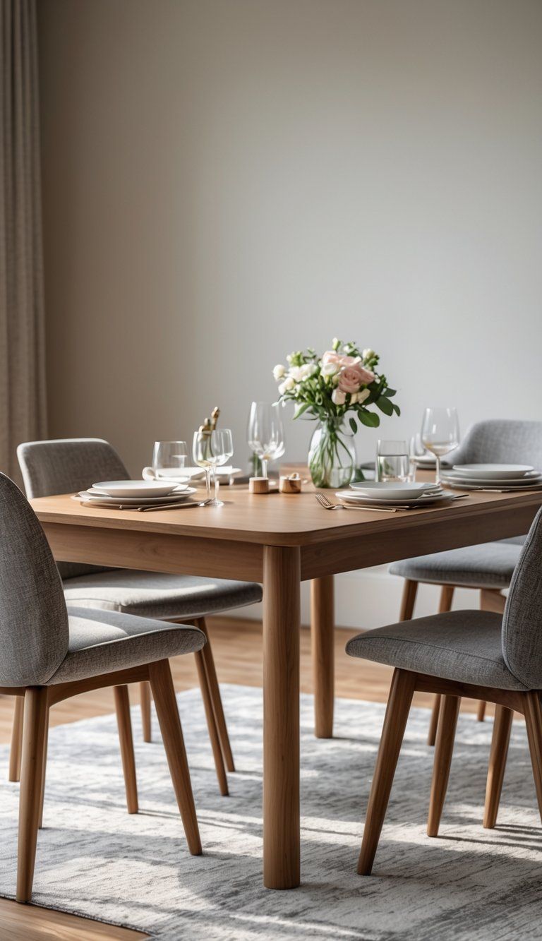 A dining table with matching chairs set in a well-lit dining room, arranged neatly with tableware and a small centerpiece.