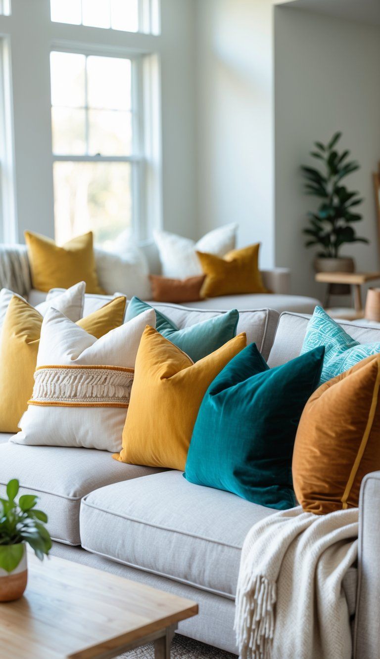 A sofa with several decorative pillows in various colors and patterns arranged neatly in a bright living room.