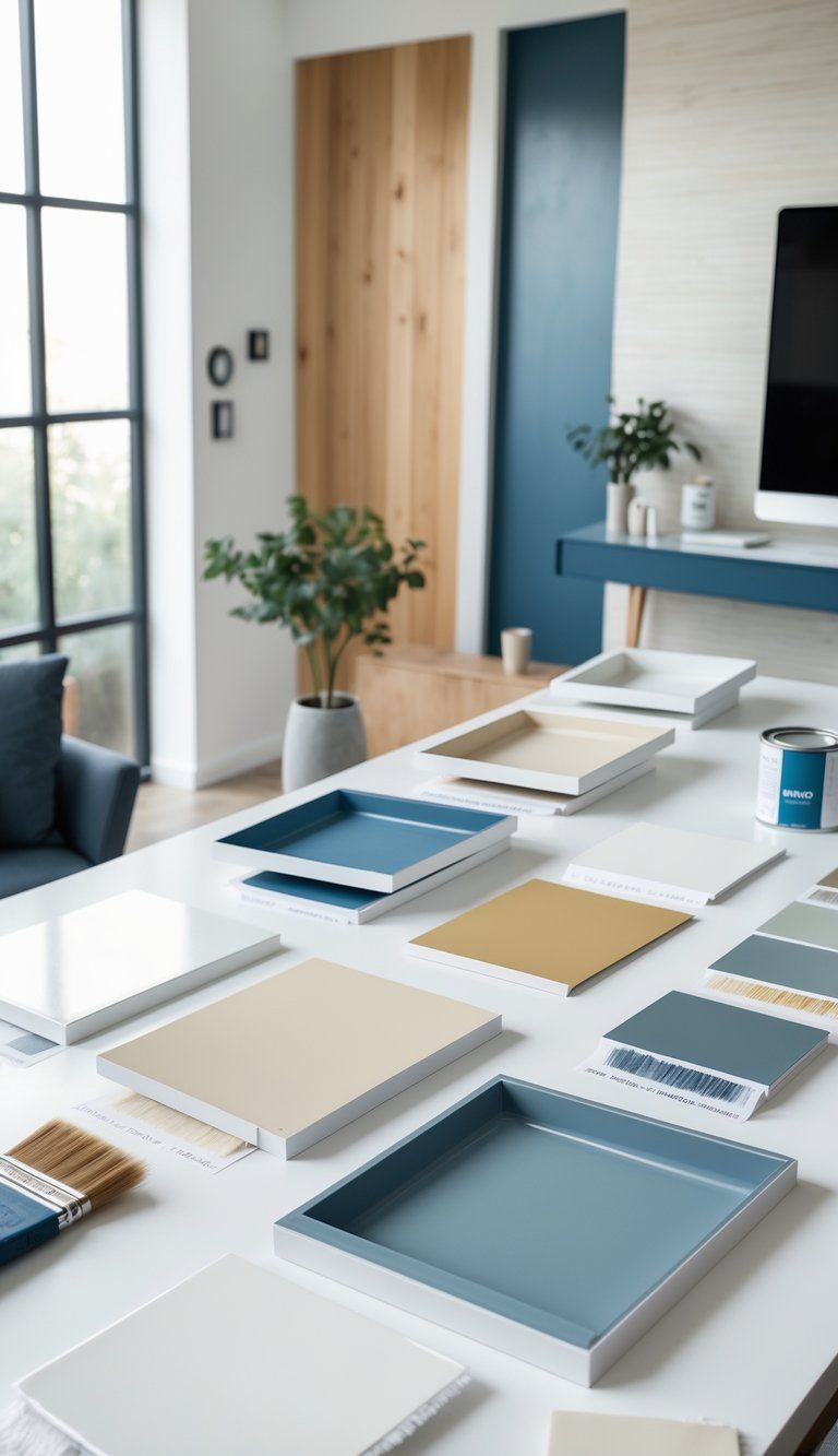 A workspace with various paint finish samples and color swatches displayed on a table, with a modern room in the background showing walls painted in different finishes.