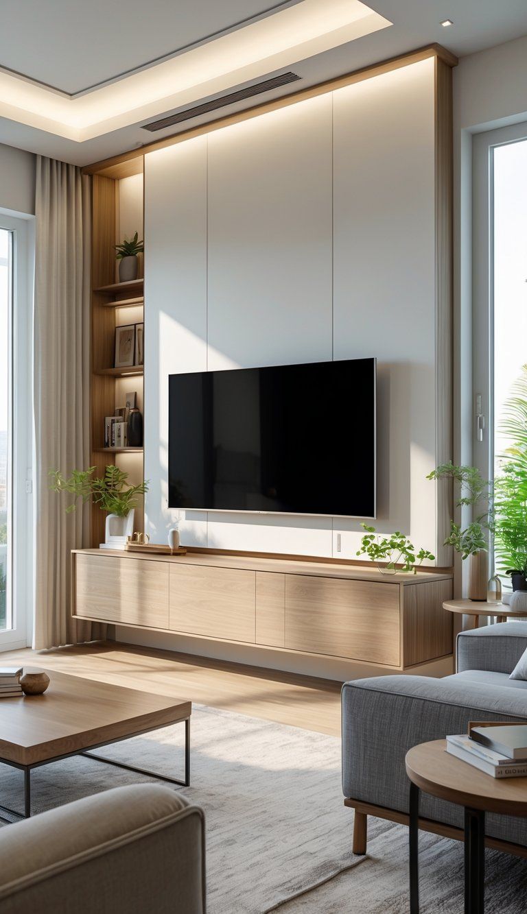 A modern living room with a flat-screen TV mounted above a wooden cabinet, surrounded by a sofa, coffee table, and plants.