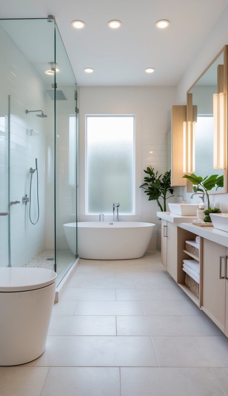 A modern bathroom with a glass shower, freestanding bathtub, double vanity, and storage cabinets in a bright, clean space.