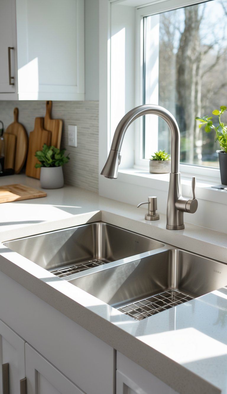 A modern kitchen with a large double basin stainless steel sink and a curved faucet, surrounded by light countertops and kitchen accessories.