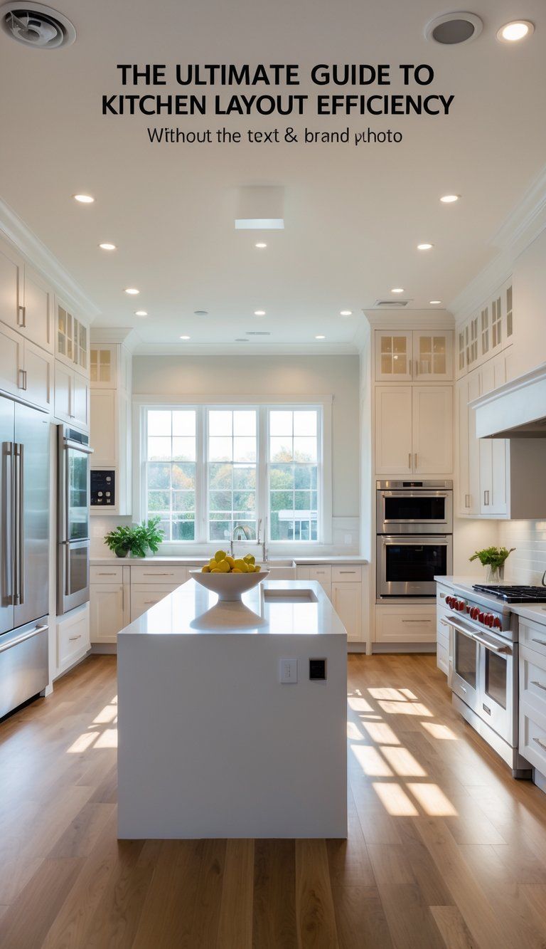 A modern kitchen with a central island, stainless steel appliances, and large windows letting in natural light.