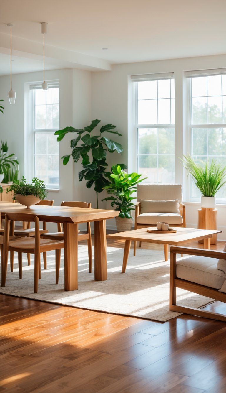 A living room with wooden furniture and hardwood floors, showing different wood tones that complement or contrast each other.