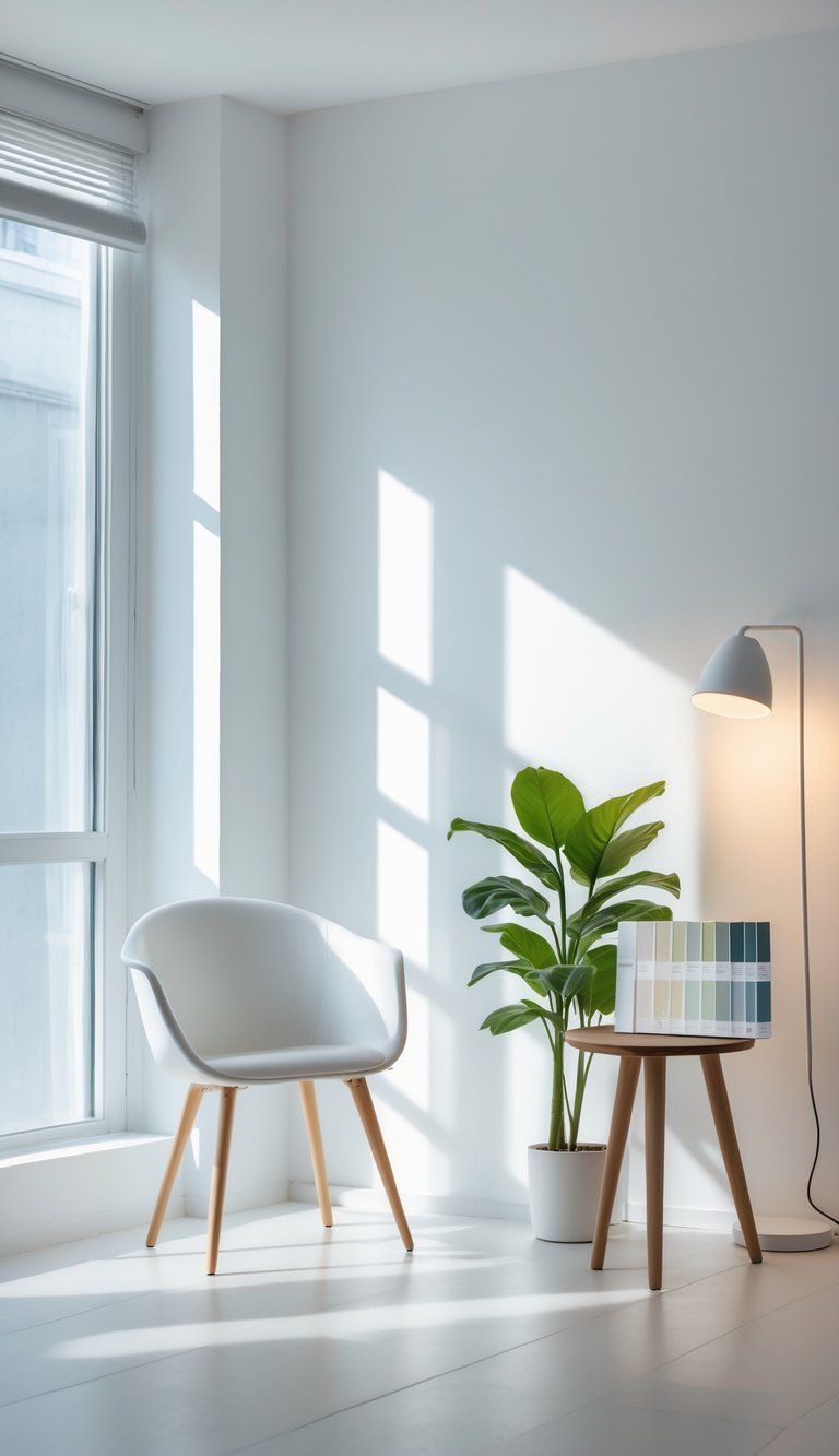 A modern room with multiple white-painted walls lit by natural daylight and warm artificial light, showing different shades of white paint.