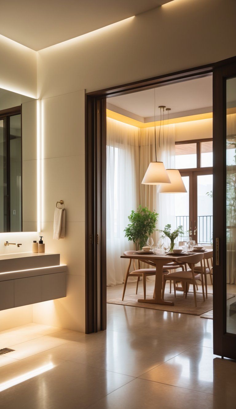 A modern bathroom with soft white lighting next to a warmly lit dining room featuring a wooden table and pendant lights.