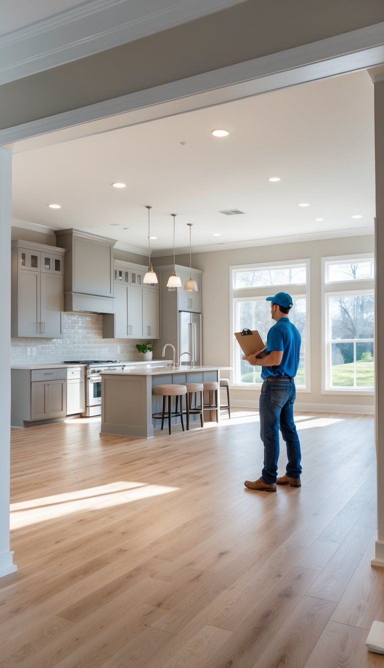 A modern renovated living room and kitchen with fresh paint, hardwood floors, updated lighting, and a person inspecting the space.