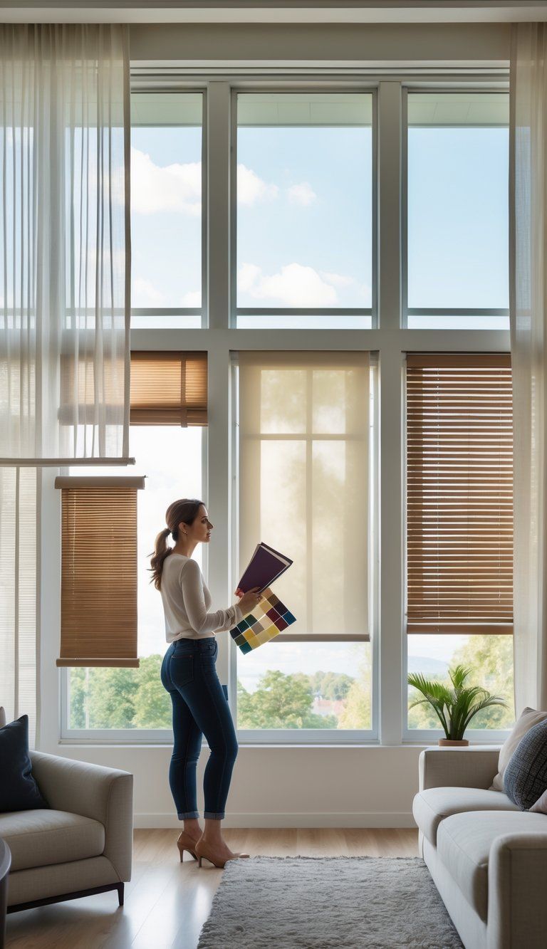 A person examining different window treatments in a bright living room with a large window, showing curtains, blinds, and shades.