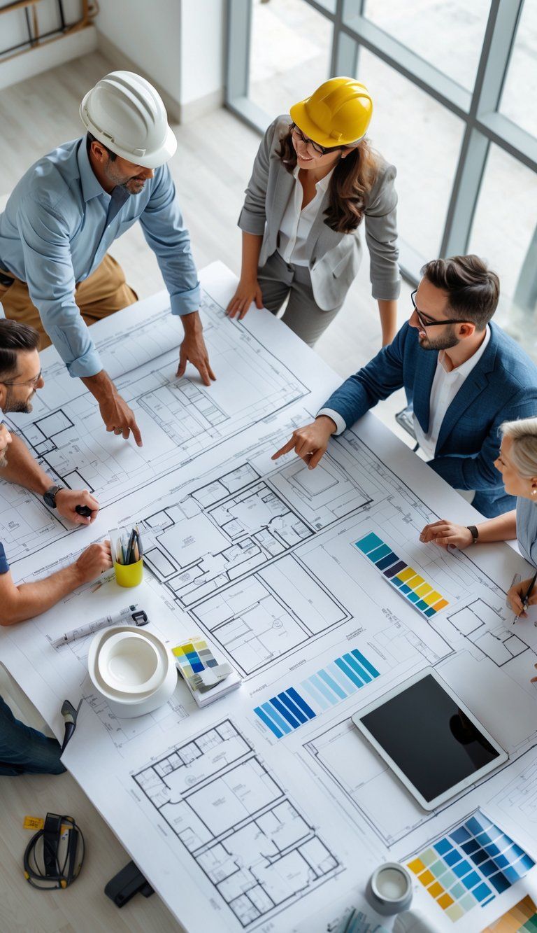 A diverse team of home renovation professionals collaborating around a table with blueprints and design materials in a bright office.