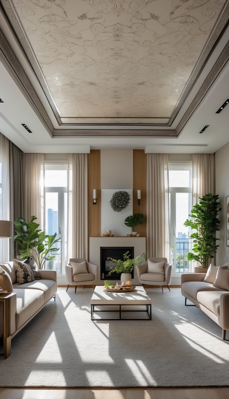A modern living room with a decorated ceiling featuring patterned wallpaper and natural light coming through large windows.