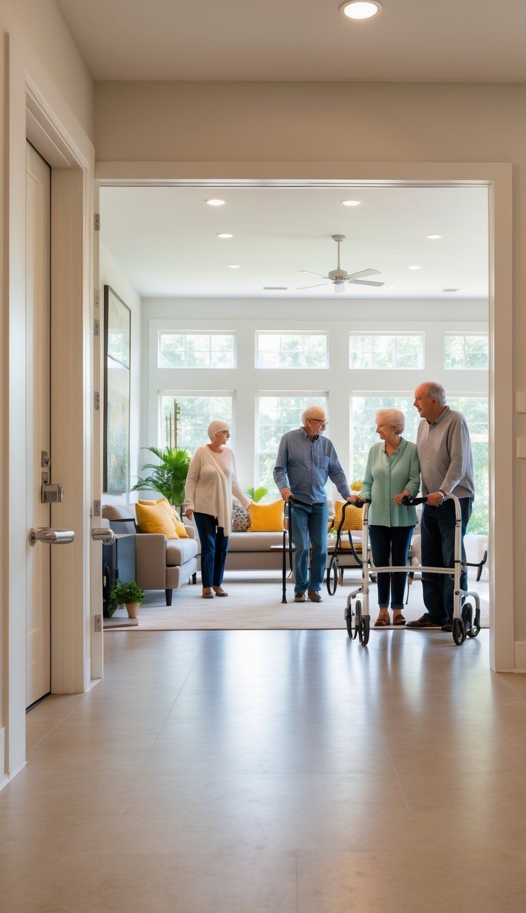 A bright, open home interior with wide doorways and handrails, showing an elderly person using a walker and a younger family member interacting comfortably.