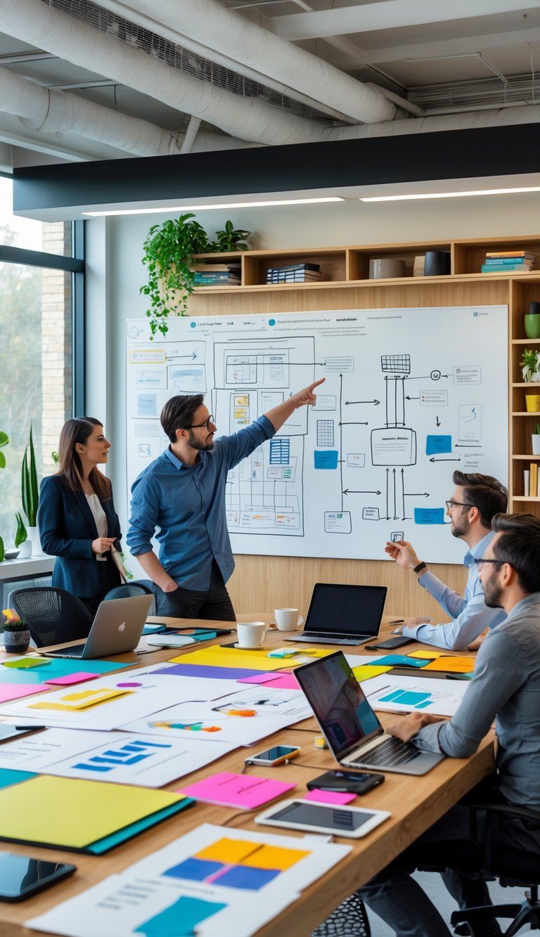 A team of designers collaborating around a table with sketches, laptops, and a whiteboard in a bright office.