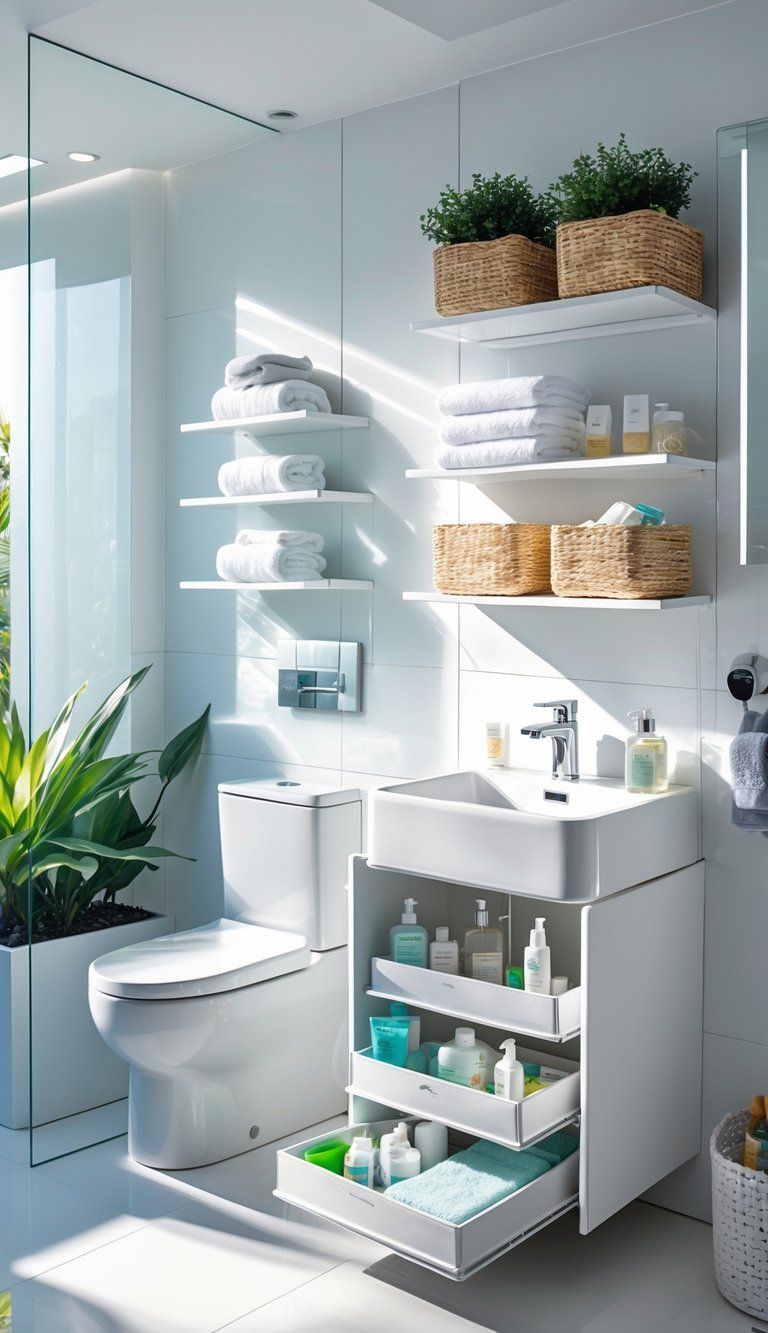 A clean, organized bathroom with shelves, drawers, and baskets storing towels, toiletries, and personal care items.