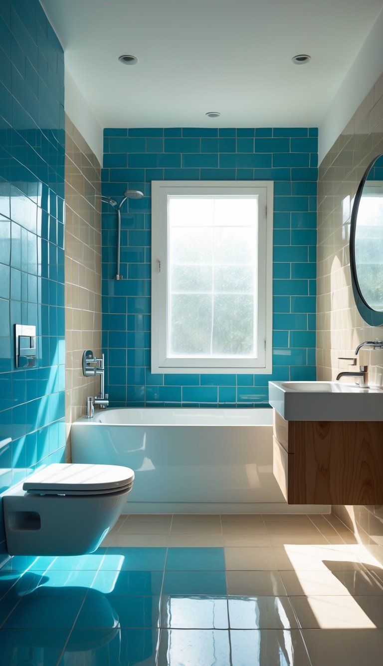 A modern bathroom with a white bathtub, colorful blue, gray, and beige tiles on the walls and floor, a wooden vanity with a white sink, and natural light coming through a window.