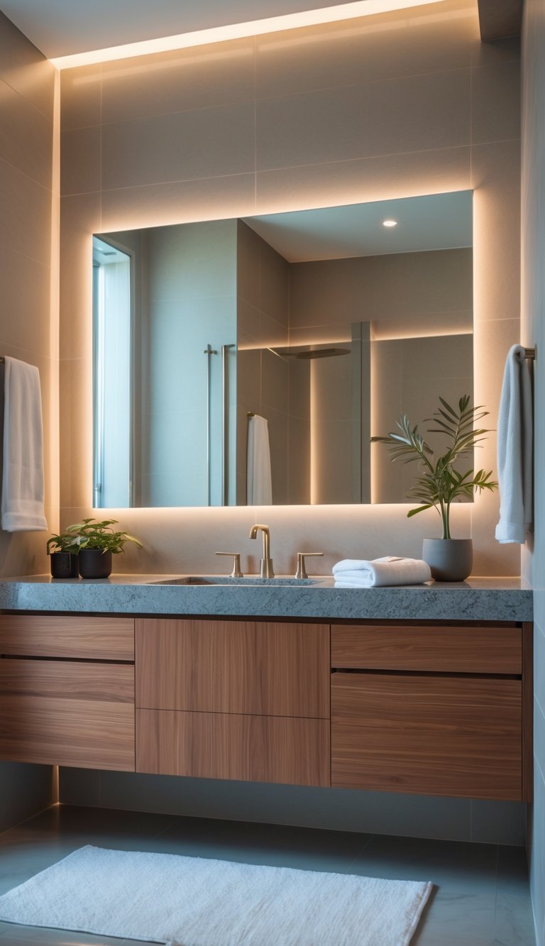 A modern bathroom with a stylish vanity, mirror, and elegant fixtures in a bright, clean setting.