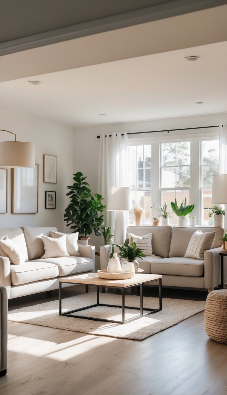 A bright living room with a sofa, coffee table, lamps, framed art, and plants arranged in a cozy and inviting setting.