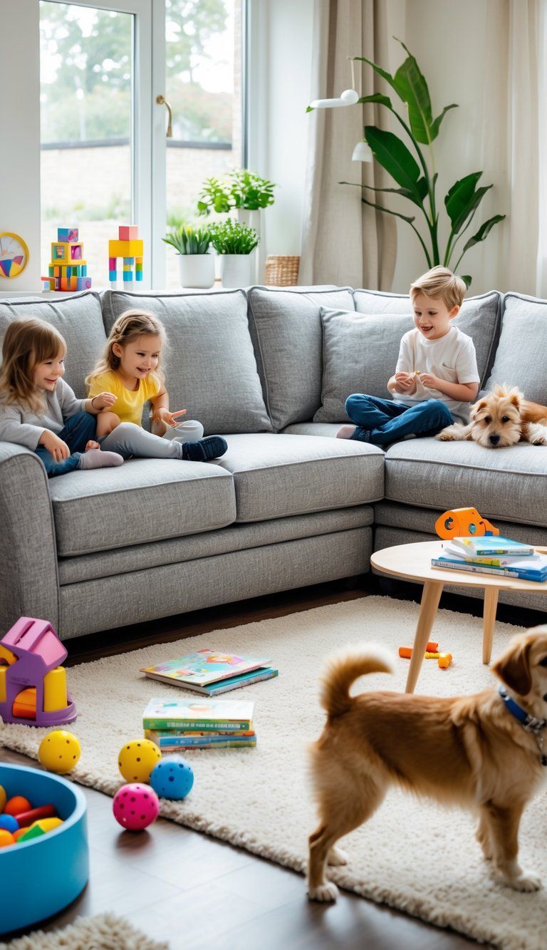 A family living room with a sofa, children playing, and a dog nearby, showing a busy household environment.