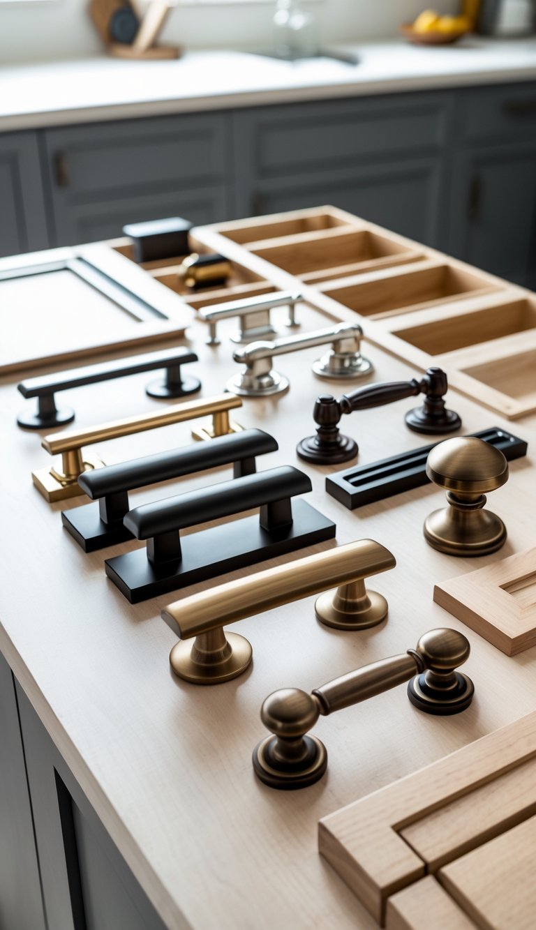 Close-up of various cabinet handles and knobs in different finishes arranged on a wooden surface with cabinet door samples in the background.