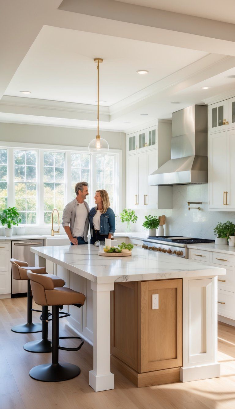 A modern kitchen with a large kitchen island surrounded by bar stools, two people talking near the island.