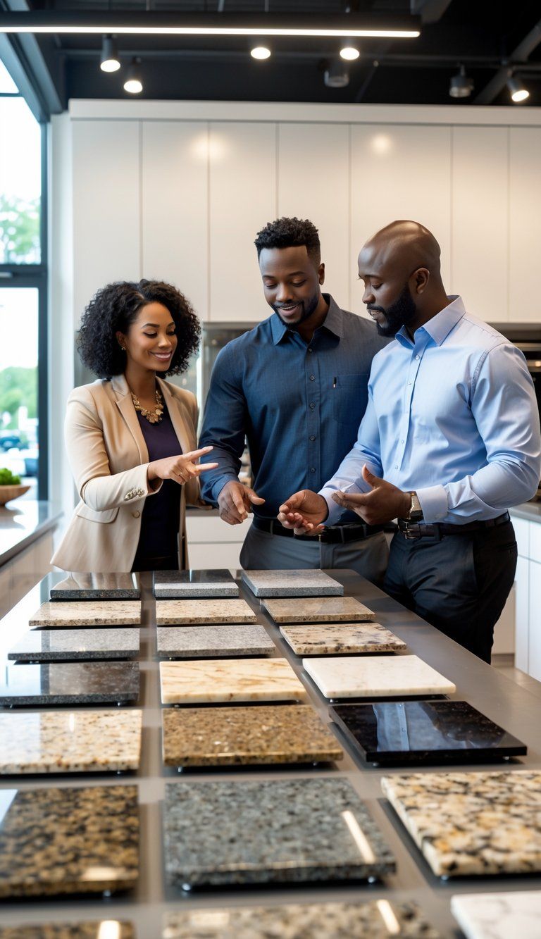 A couple examining different countertop samples in a kitchen showroom with a salesperson assisting them.