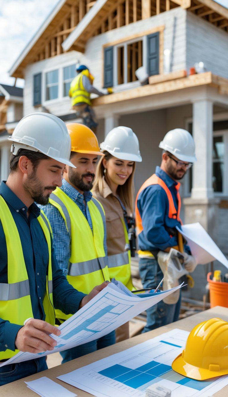 Construction professionals reviewing plans at a home renovation site with workers performing various tasks in the background.